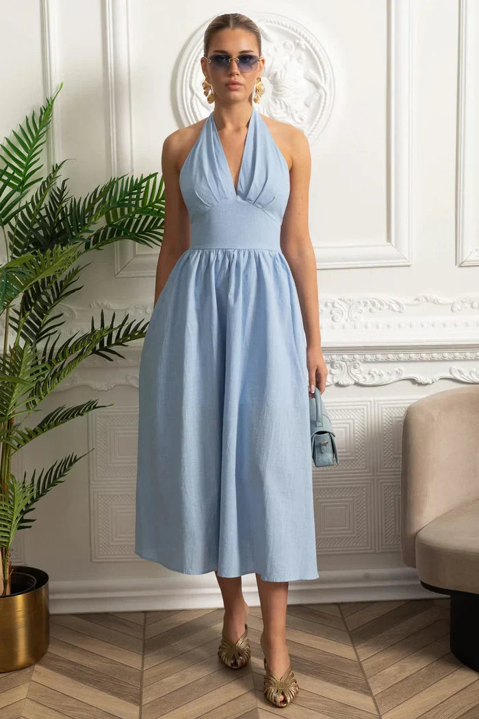 Vestido Longo em Algodão – Decote V, Alças Finas e Cintura Marcada – Estilo Oversized