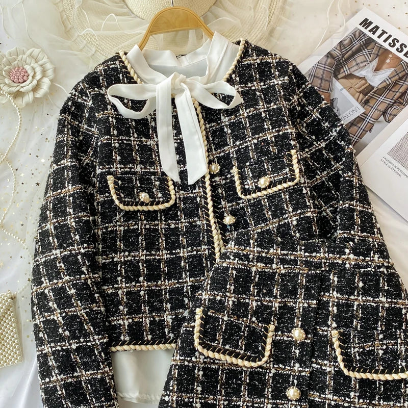 ConjuntoTweed Xadrez – Blazer Manga Longa + Saia A-Line Assimétrica
