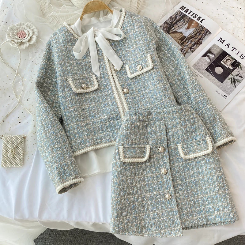 ConjuntoTweed Xadrez – Blazer Manga Longa + Saia A-Line Assimétrica