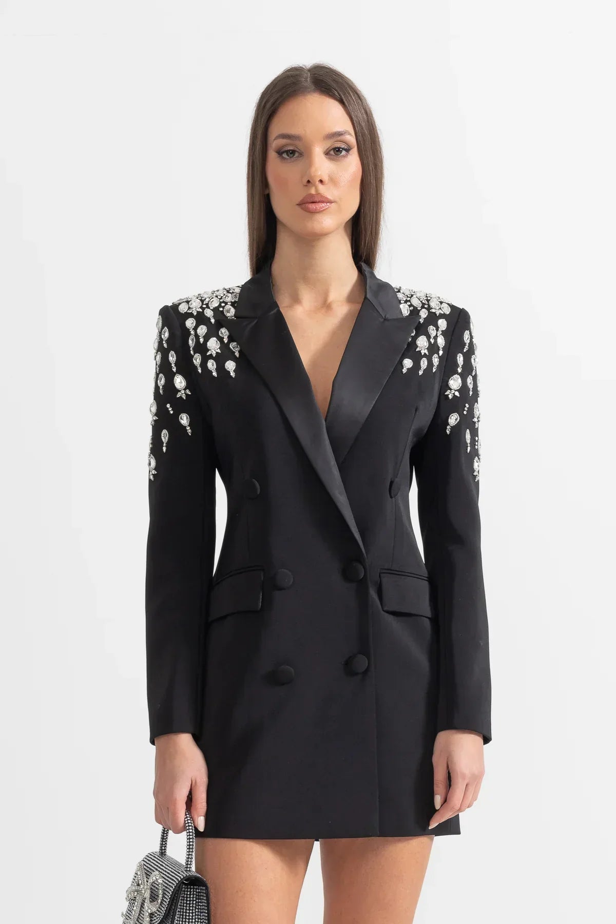 Blazer Longo com Botões Duplos e Aplique de Pedrarias – Bordado à Mão