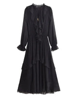 Vestido Elegante com Decote V – Babados, Manga Longa Lanterna e Detalhe em Renda com Laço