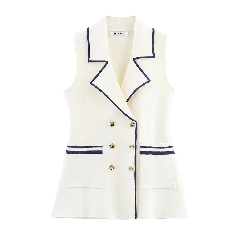 Colete de Tricô Sem Mangas – Branco com Detalhe, Estilo Casual Chic