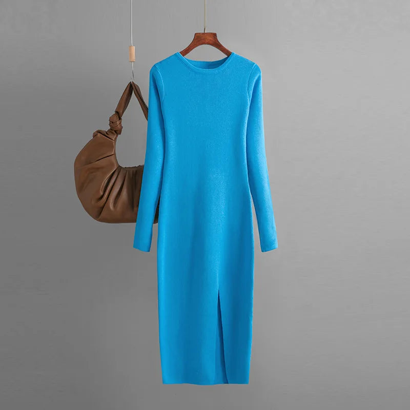 Vestido Suéter Feminino Inverno – Midi Justo em Tricô Grosso