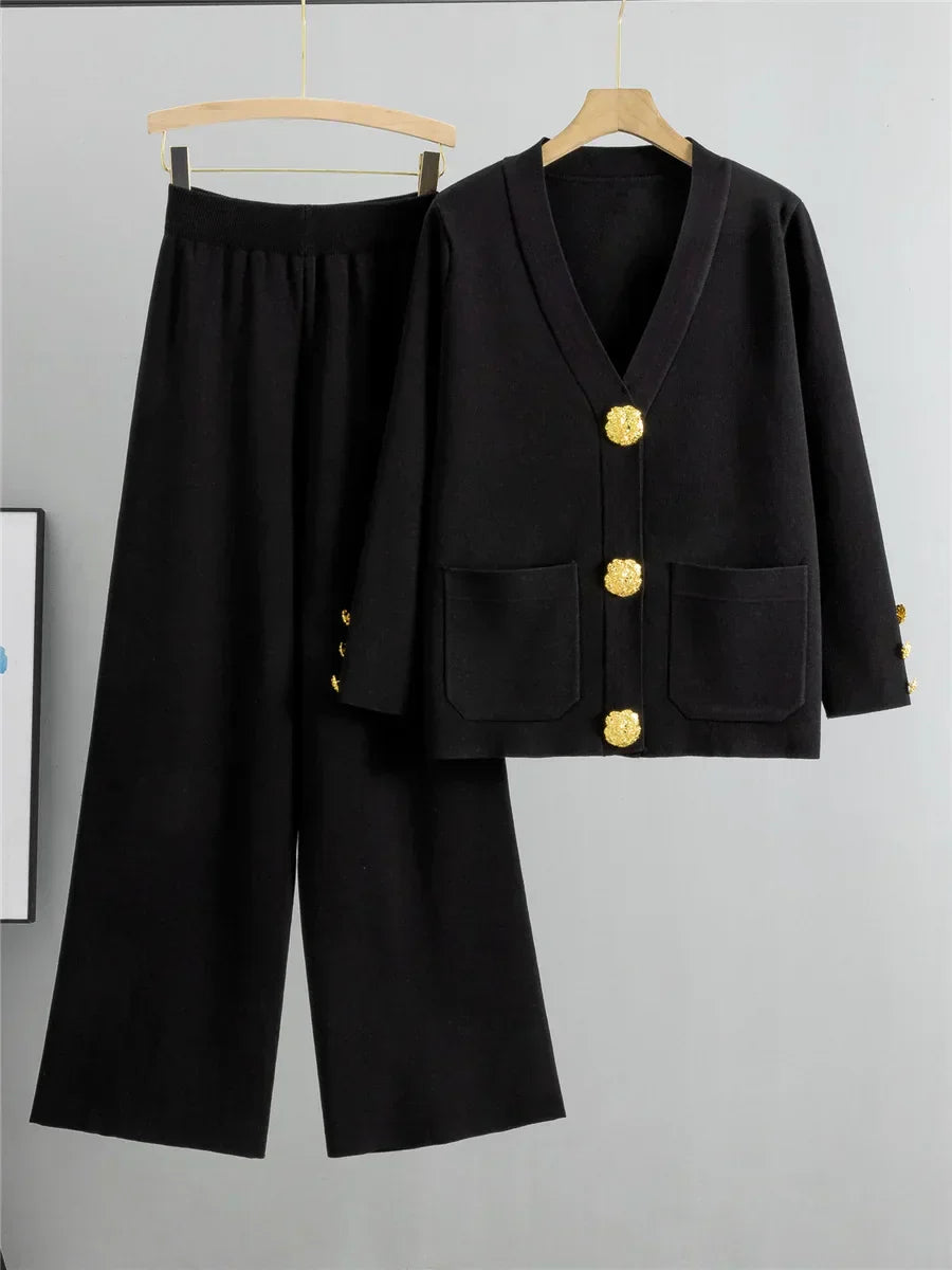 Conjunto Feminino Elegante em Tricô – Cardigan de Botões e Calça de Cintura Alta com Perna Larga