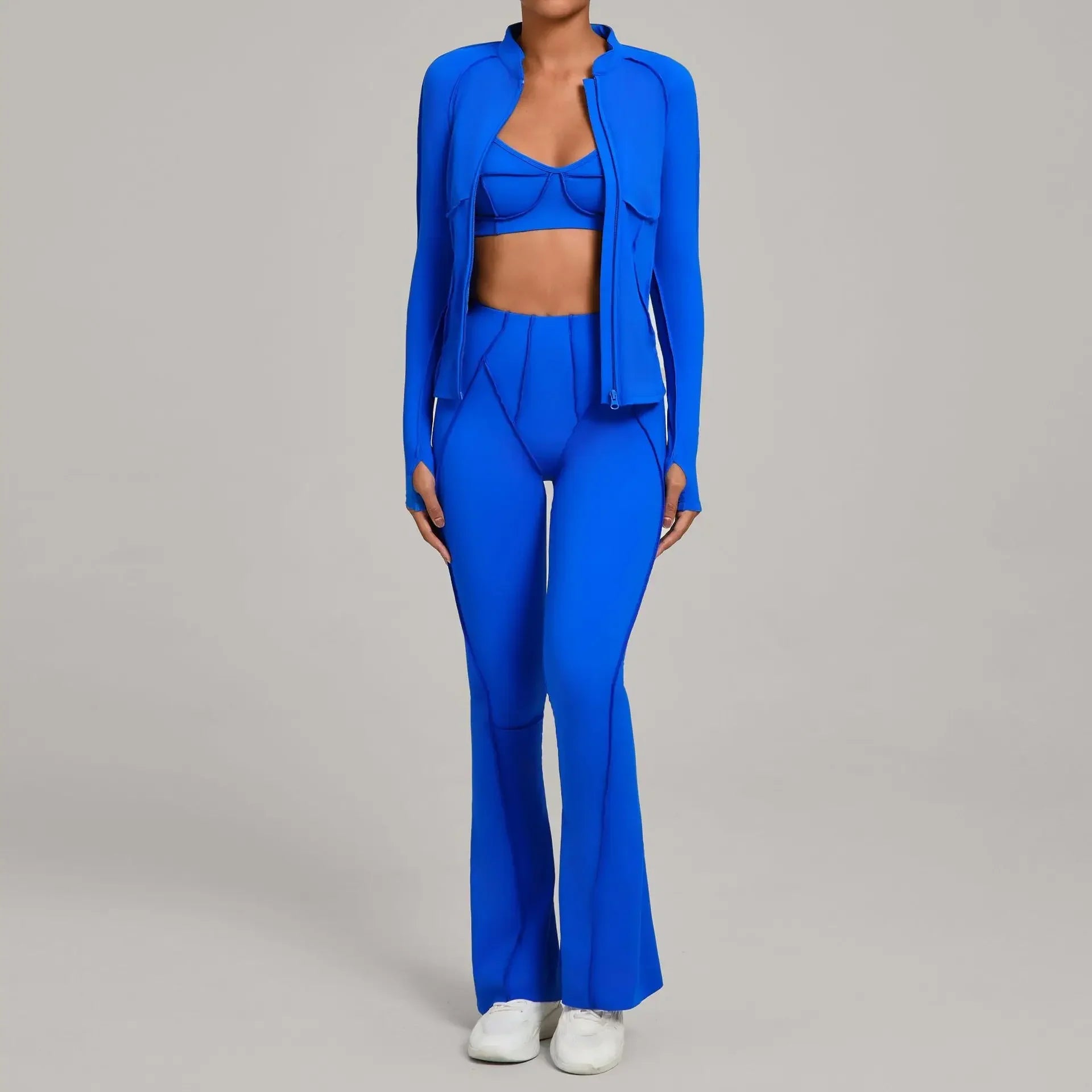 Conjunto Esportivo Feminino 3 Peças – Jaqueta com Zíper + Top + Calça | Yoga, Corrida e Treinos ao Ar Livre