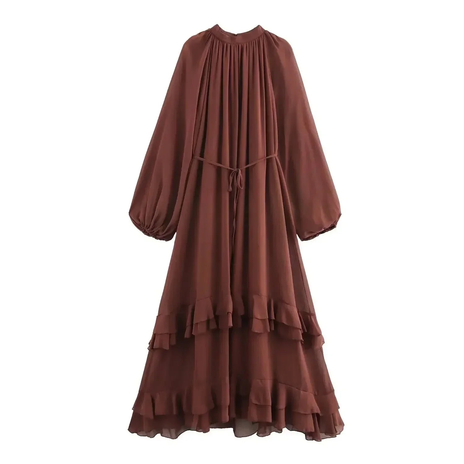Vestido Elegante com Babados – Manga Longa, Alças Ajustáveis e Bainha Irregular