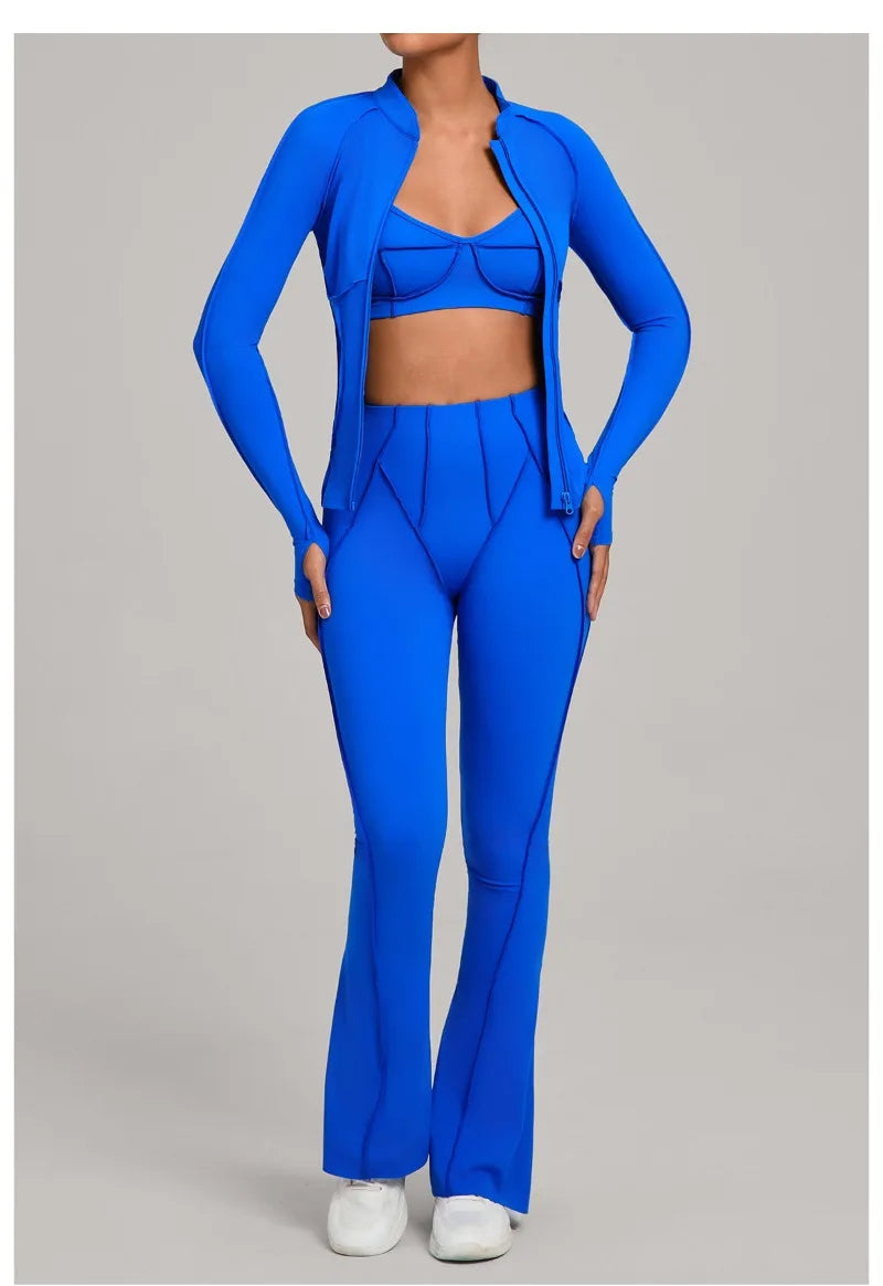 Conjunto Esportivo Feminino 3 Peças – Jaqueta com Zíper + Top + Calça | Yoga, Corrida e Treinos ao Ar Livre