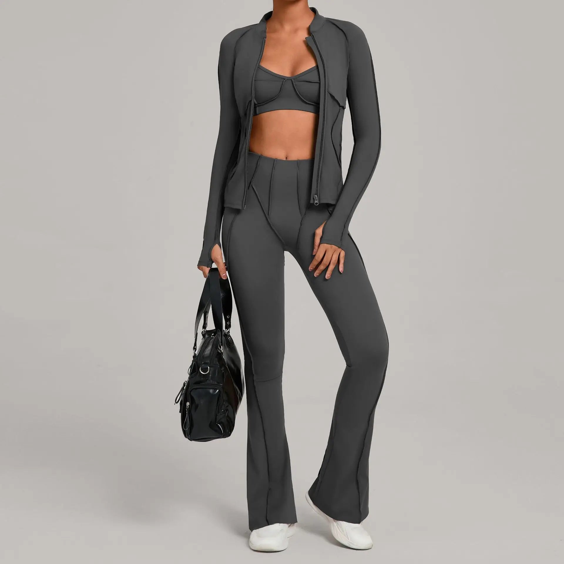 Conjunto Esportivo Feminino 3 Peças – Jaqueta com Zíper + Top + Calça | Yoga, Corrida e Treinos ao Ar Livre