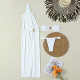 Conjunto de Biquíni 3 Peças Detalhe Dourado – Biquíni Bandeau com Vestido Longo como Saída de Praia