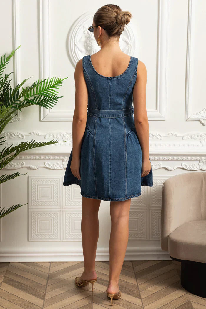Vestido Feminino – Elegante Slim, Decote Quadrado, Sem Manga, Cintura Alta, Botões Decorativos, Estilo Sofisticado