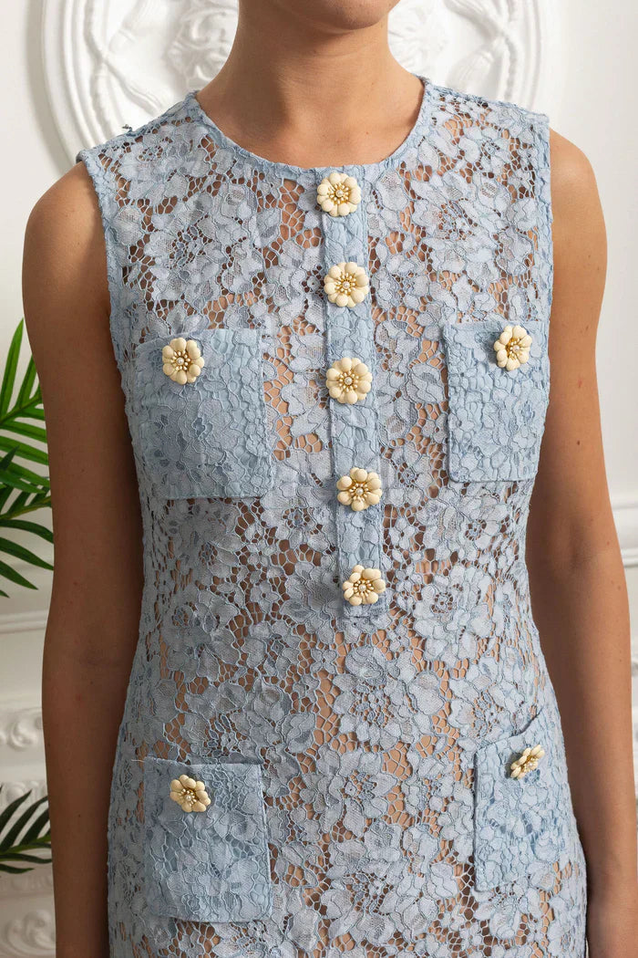 Vestido Curto – Bordado Floral, Botões, Renda, Decote O e Sem Mangas