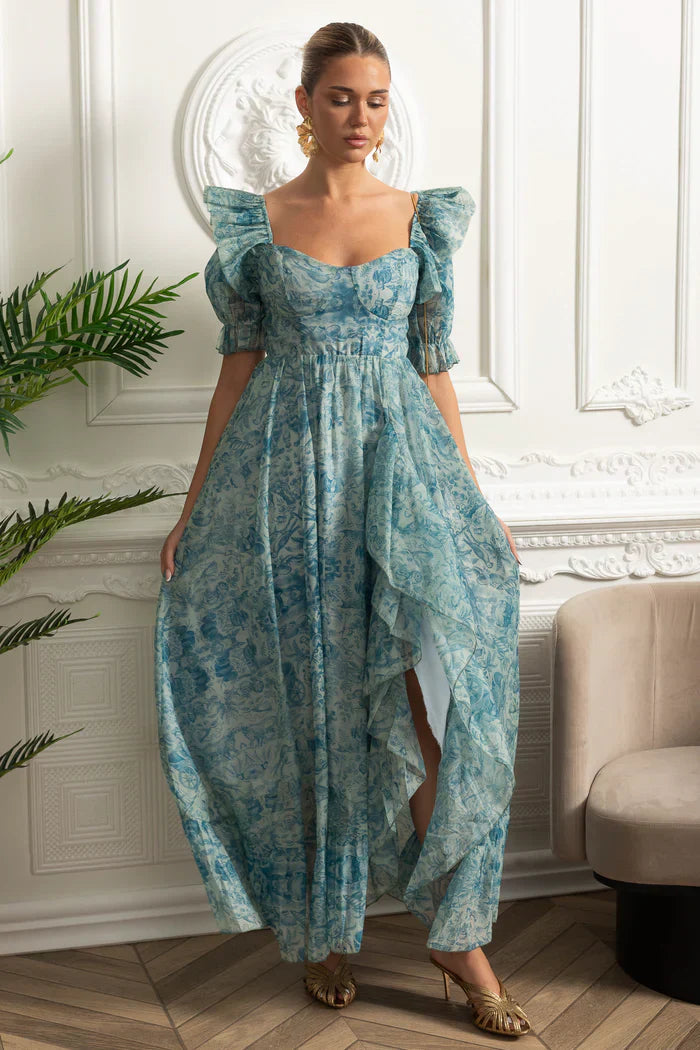 Vestido Runway – Floral Elegante com Mangas Bufantes, Babados em Camadas e Estilo Princesa para Festa