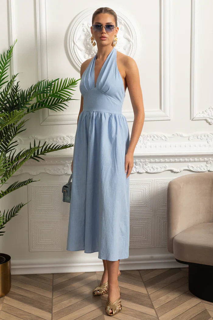 Vestido Longo em Algodão – Decote V, Alças Finas e Cintura Marcada – Estilo Oversized