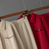 Conjunto Feminino - Estilo Francês em Tricô com Gola Polo e Calça Longa