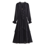 Vestido Elegante com Decote V – Babados, Manga Longa Lanterna e Detalhe em Renda com Laço