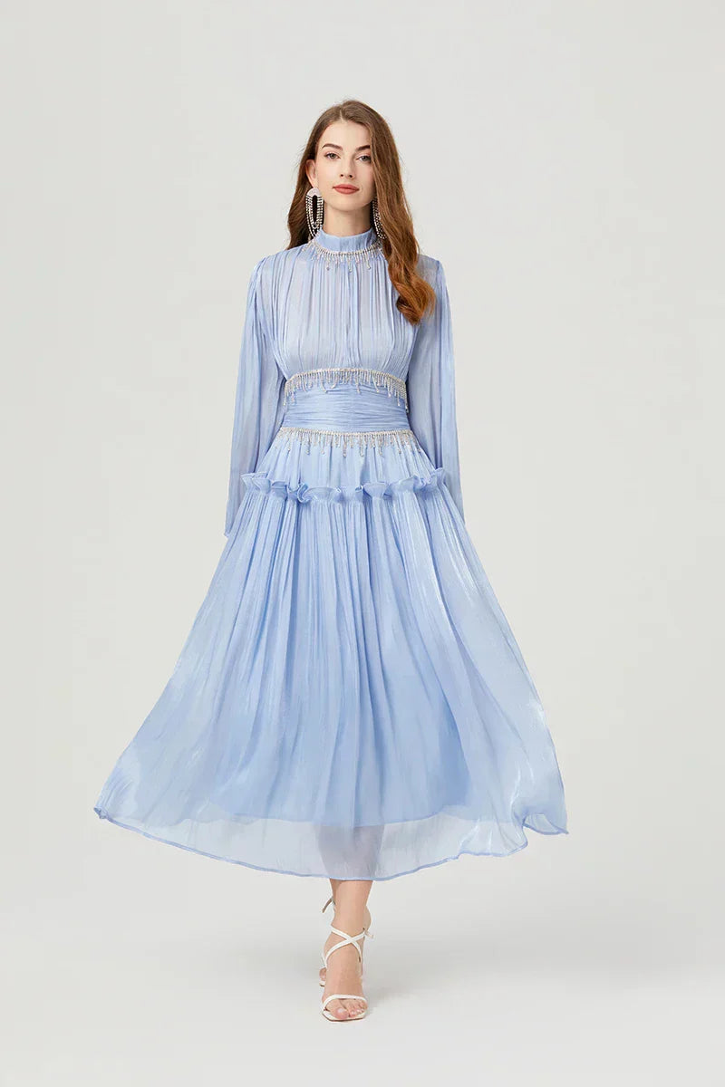 Vestido de Verão SEDA – Luxo Francês, Franjas, Pregas e cristais