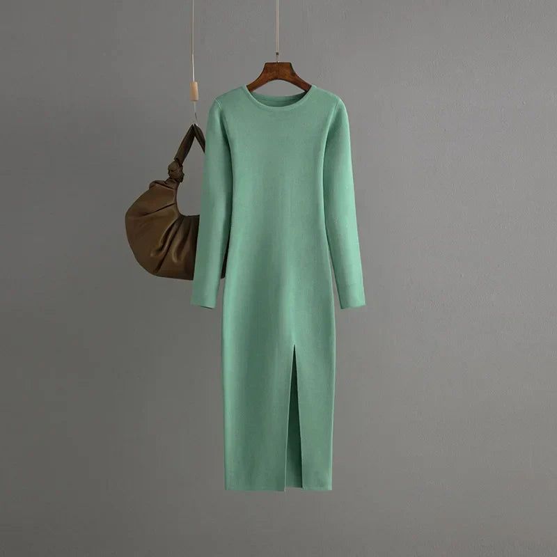 Vestido Suéter Feminino Inverno – Midi Justo em Tricô Grosso