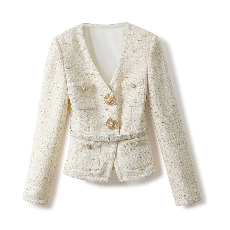 Conjunto de Tweed com Pedrarias – Blazer com Decote V e Saia Plissada de Cintura Alta