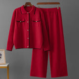 Conjunto Feminino - Estilo Francês em Tricô com Gola Polo e Calça Longa