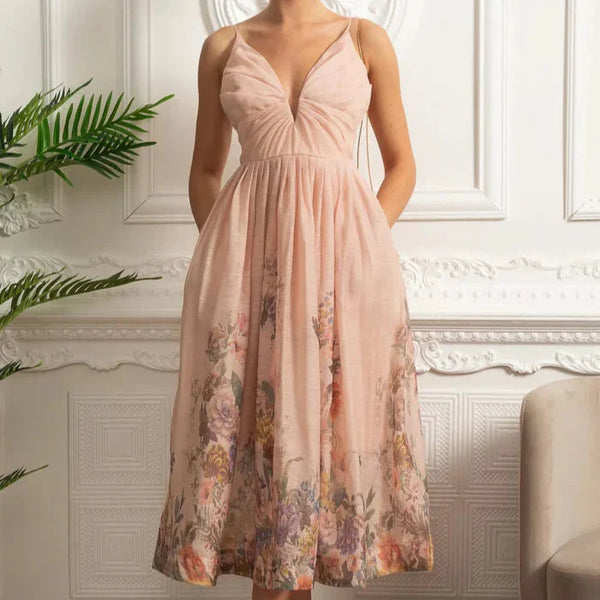 Vestido Midi  Estampa de Flores Rosa e Decote V Profundo – Alta Qualidade
