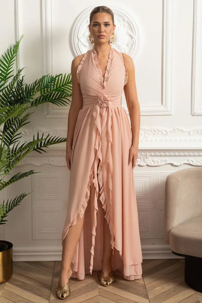 Vestido Longo – Elegante com Gola Halter, Decote com Babados, Cintura Franzida e Detalhe Floral