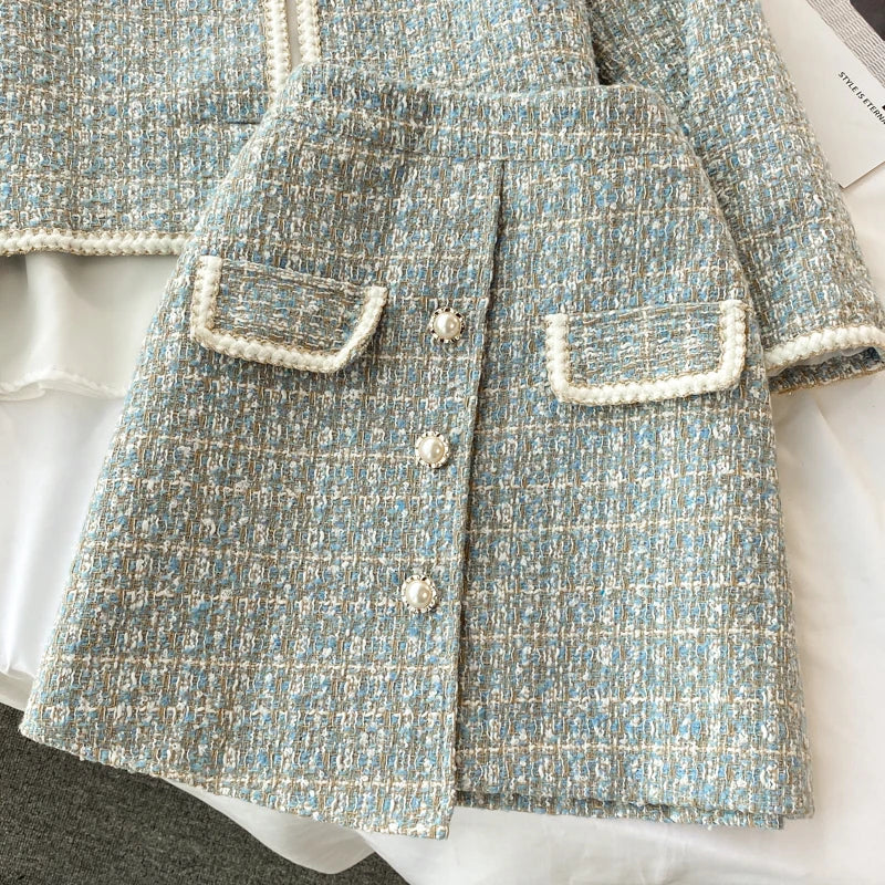 ConjuntoTweed Xadrez – Blazer Manga Longa + Saia A-Line Assimétrica