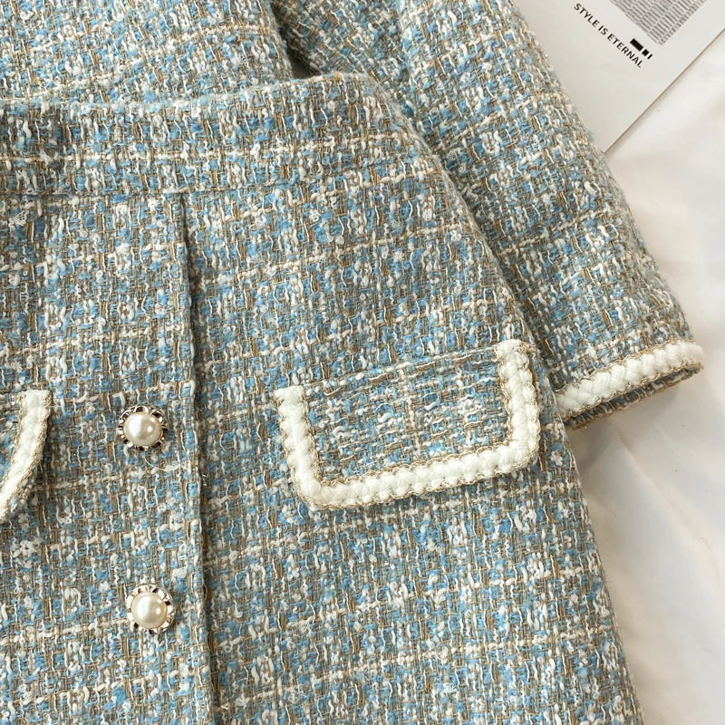 ConjuntoTweed Xadrez – Blazer Manga Longa + Saia A-Line Assimétrica