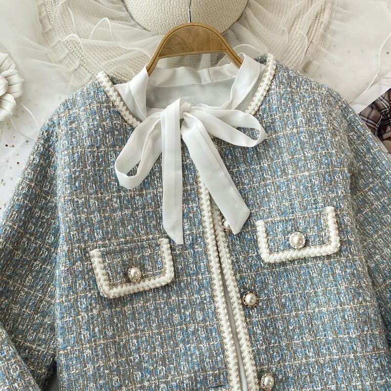 ConjuntoTweed Xadrez – Blazer Manga Longa + Saia A-Line Assimétrica