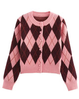 Cardigan Feminino em Tricô Jacquard – Estampa Argyle, Gola Redonda e Botões Frontais