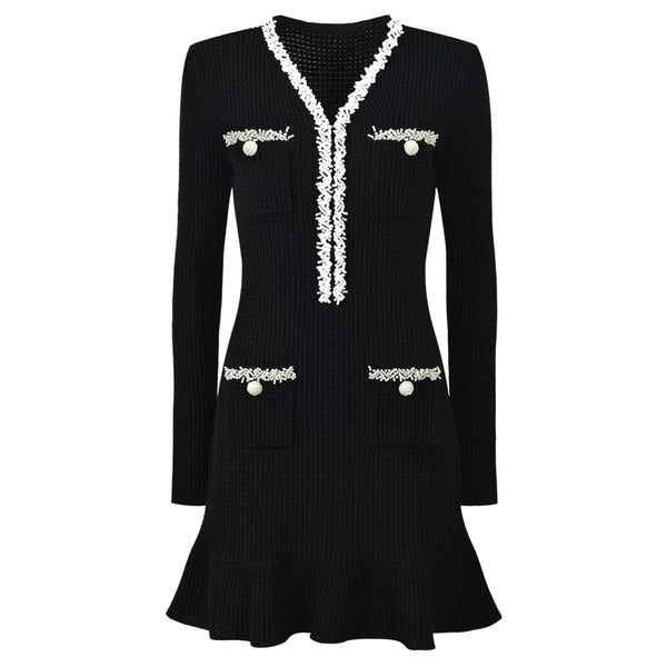 Vestido Bicolor – Decote V, Manga Longa, Slim Fit com Bolsos Bordados