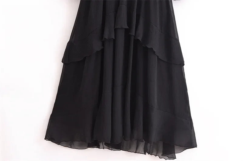 Vestido Elegante com Decote V – Babados, Manga Longa Lanterna e Detalhe em Renda com Laço