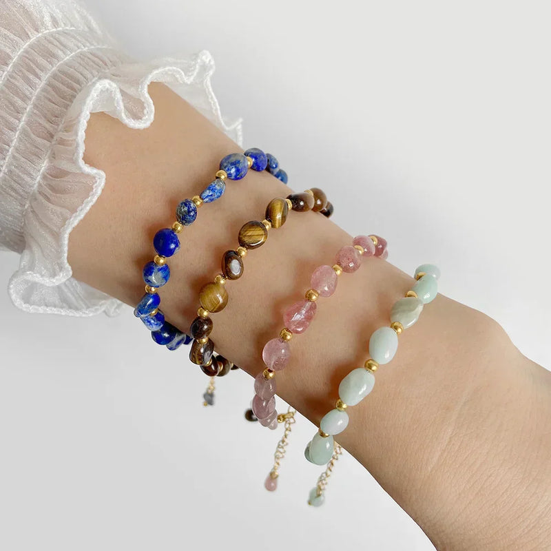 Pulseiras Pedras Naturais (Quartzo Rosa, Ágata) com Corrente Dourada, Estilo Bangle