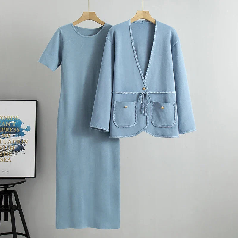 Conjunto Executivo Feminino – Tricô Elegante com Casaco Longo e Saia