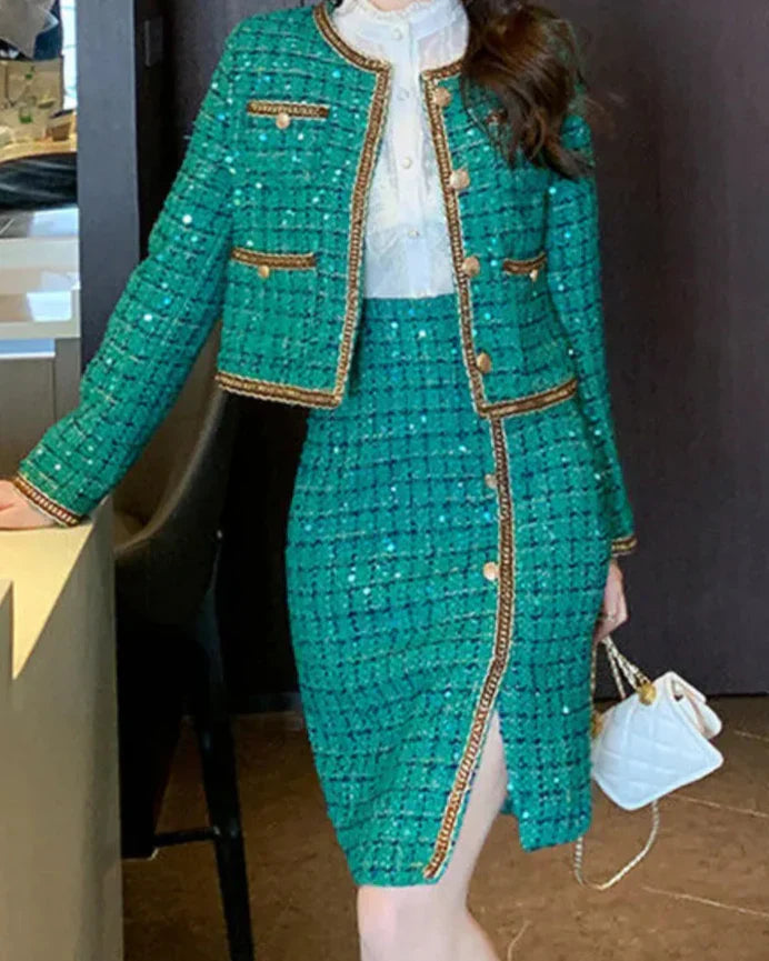 Conjunto Tweed com Saia e Blazer – Elegância e Sofisticação