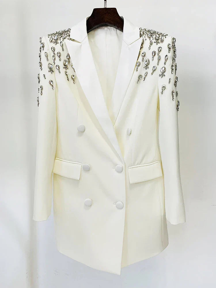 Blazer Longo com Botões Duplos e Aplique de Pedrarias – Bordado à Mão