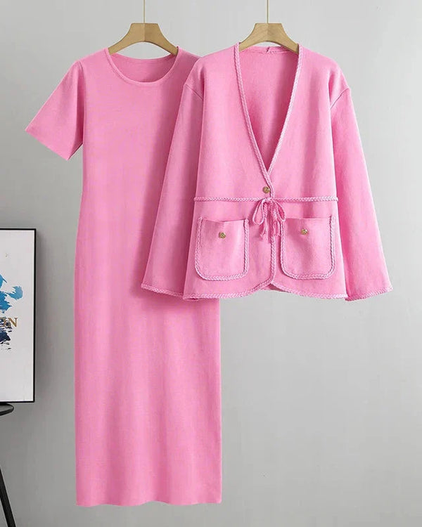 Conjunto Executivo Feminino – Tricô Elegante com Casaco Longo e Saia