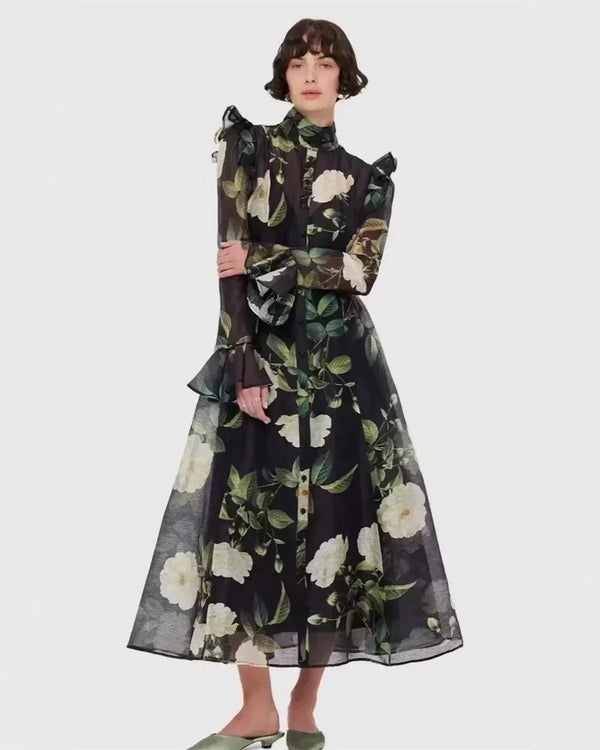 Vestido Longo Floral com Manga Flare – Elegância Atemporal