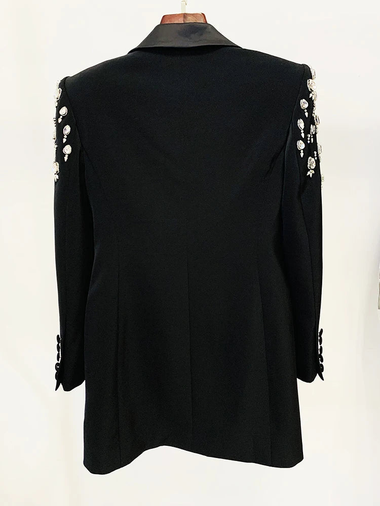 Blazer Longo com Botões Duplos e Aplique de Pedrarias – Bordado à Mão