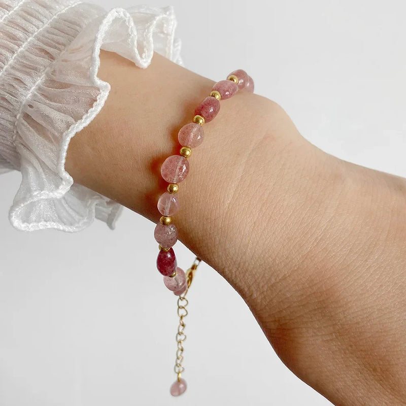 Pulseiras Pedras Naturais (Quartzo Rosa, Ágata) com Corrente Dourada, Estilo Bangle