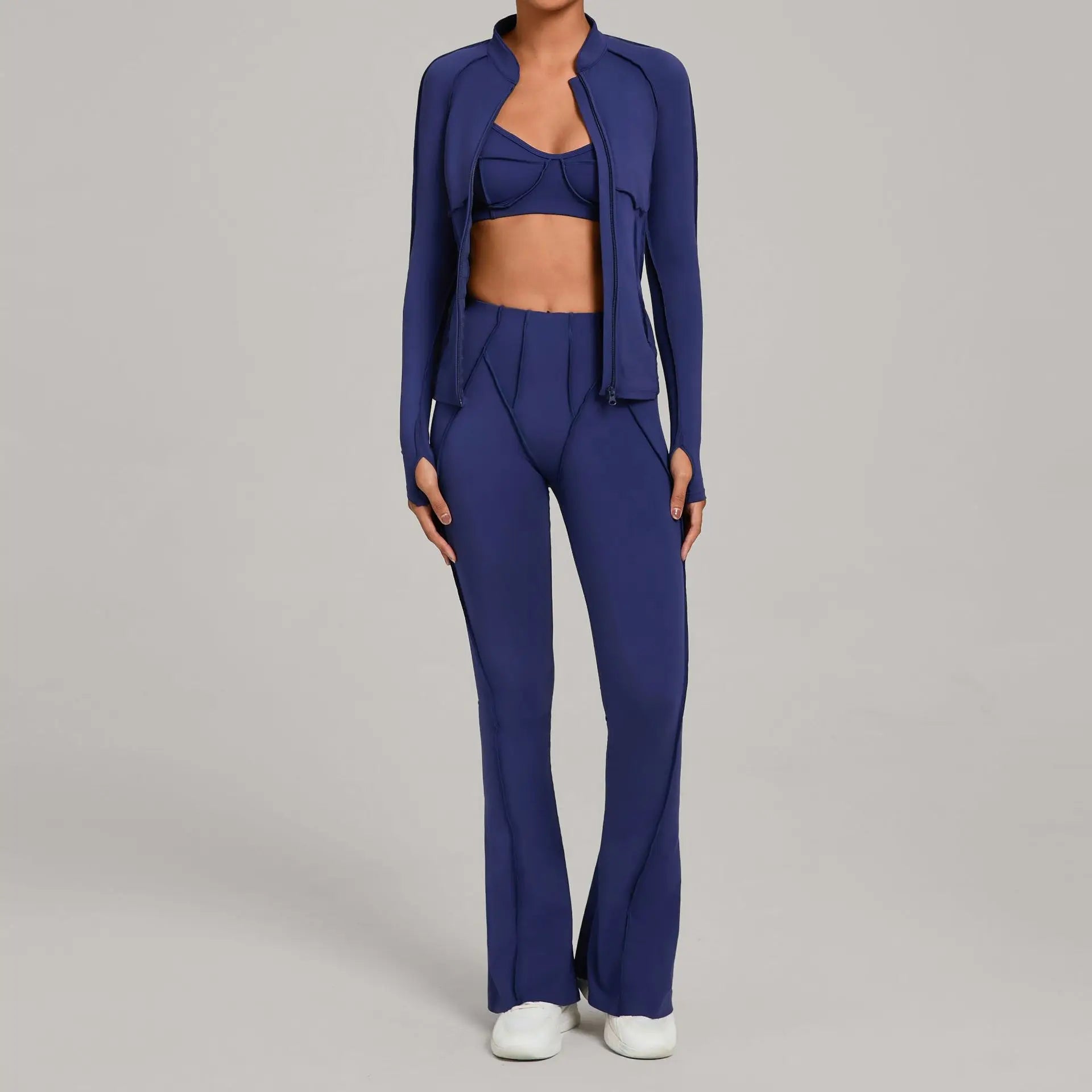 Conjunto Esportivo Feminino 3 Peças – Jaqueta com Zíper + Top + Calça | Yoga, Corrida e Treinos ao Ar Livre
