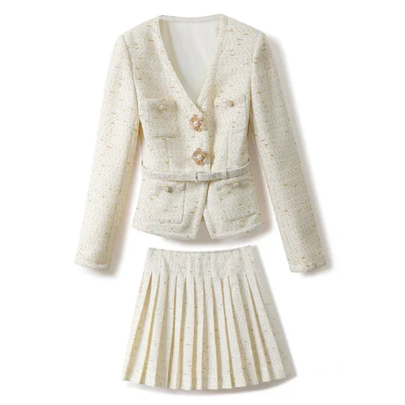 Conjunto de Tweed com Pedrarias – Blazer com Decote V e Saia Plissada de Cintura Alta