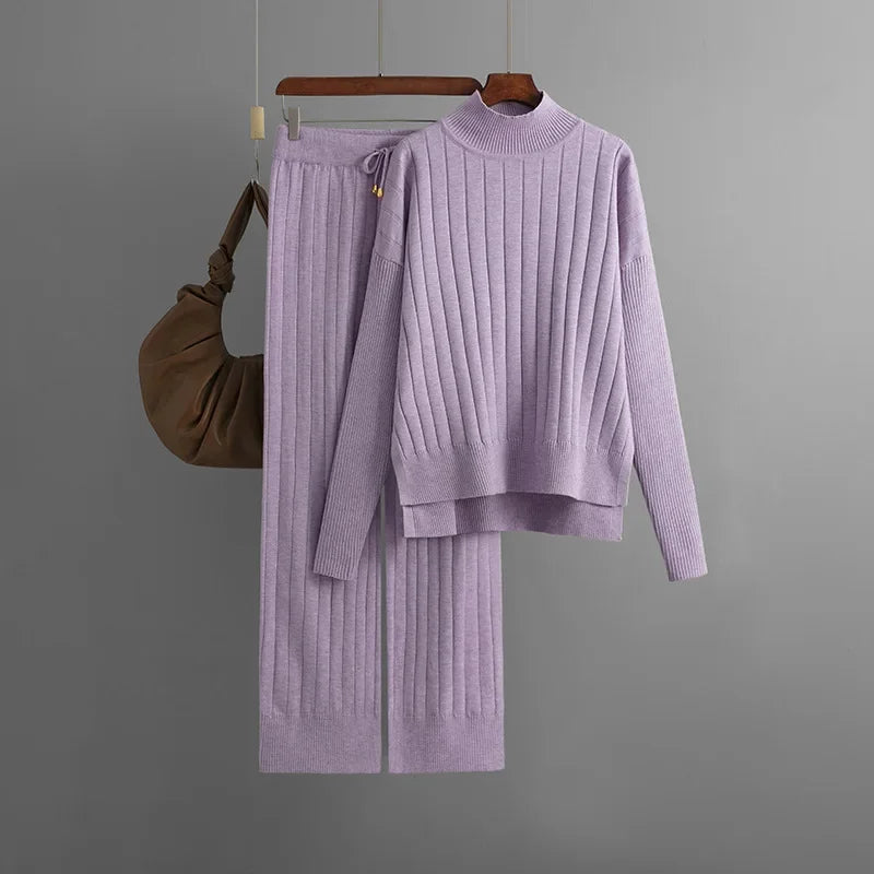 Conjunto Tricô Grosso com Blusa Gola Alta e Calça de Cintura Alta