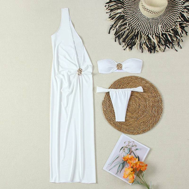 Conjunto de Biquíni 3 Peças Detalhe Dourado – Biquíni Bandeau com Vestido Longo como Saída de Praia