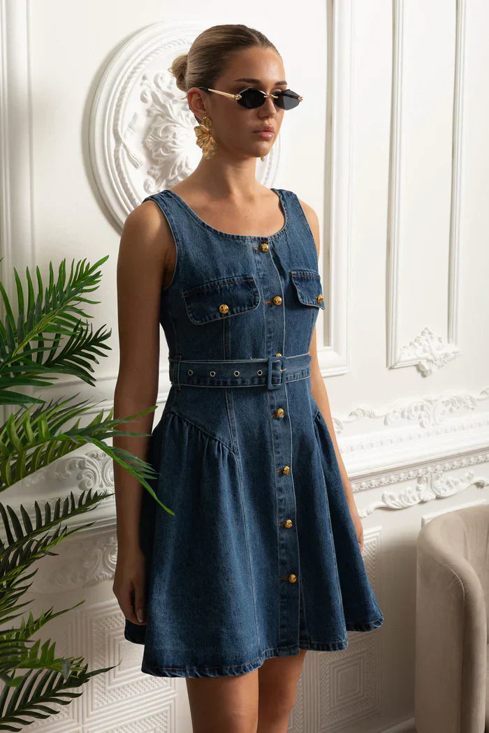 Vestido Feminino – Elegante Slim, Decote Quadrado, Sem Manga, Cintura Alta, Botões Decorativos, Estilo Sofisticado