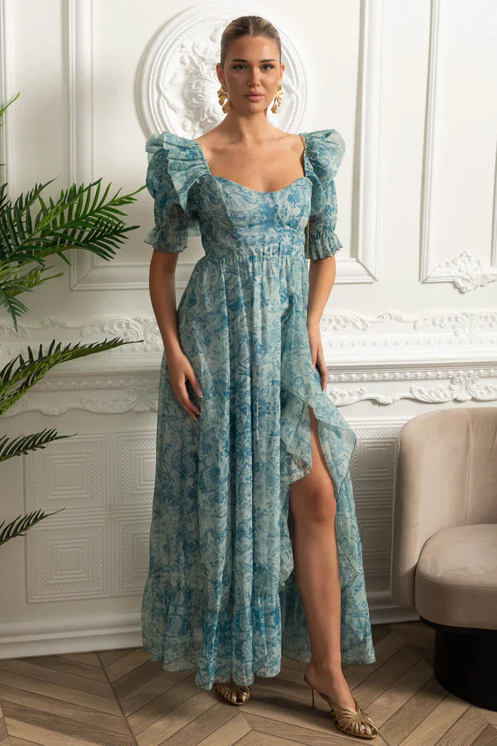 Vestido Runway – Floral Elegante com Mangas Bufantes, Babados em Camadas e Estilo Princesa para Festa