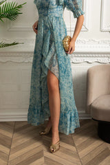 Vestido Runway – Floral Elegante com Mangas Bufantes, Babados em Camadas e Estilo Princesa para Festa