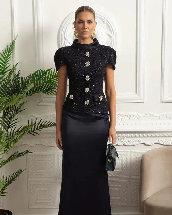 Vestido Longo – Maxi Luxo, Cristal e Cetim Tweed, Azul