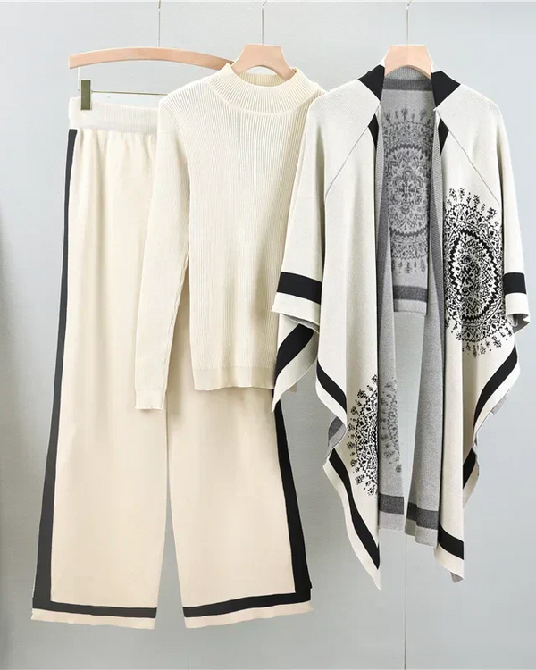 Conjunto Feminino 3 Peças em Tricô – Blusa, Pashmina e Calça Pantalona Cintura Alta