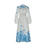 Vestido Azul Floral com Gola Alta e Cintura Império – Elegância Atemporal