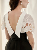 Vestido Couture em Renda  – Modelo Sem Costas com Recortes em Patchwork e Cintura Alta Esculpida